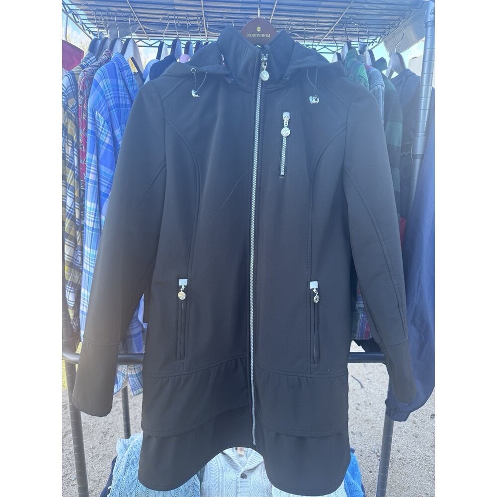 Betsey Johnson Coat L Women's Black Full Length Designer Full Zip Hooded